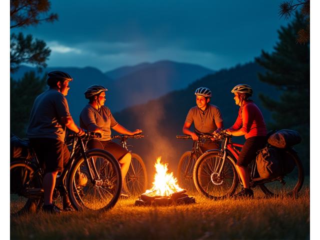 A group of cyclists sharing stories and laughing around a campfire at a bike touring campsite.