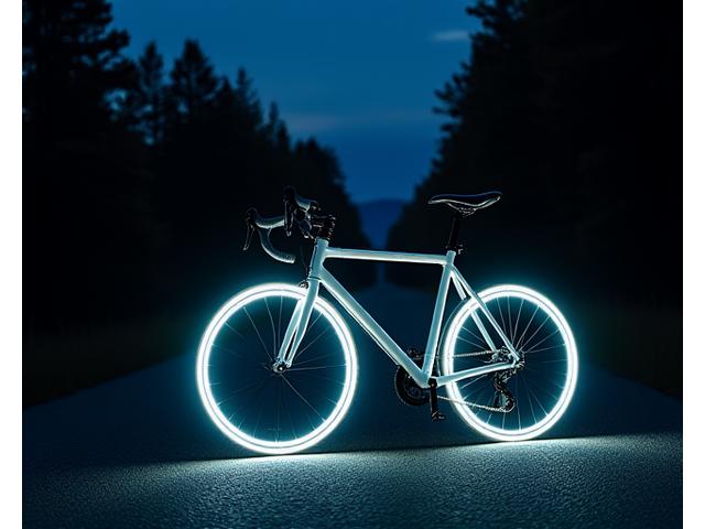 Reflective tape applied to a bicycle frame, glowing brightly in low light for visibility.
