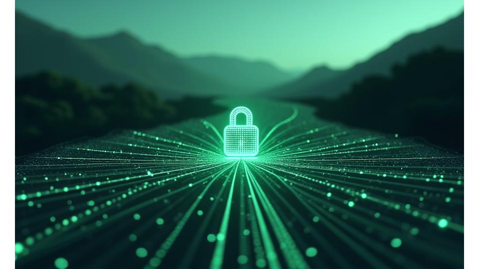 Abstract depiction of secure data lines protecting information, with a subtle bike touring inspiration.